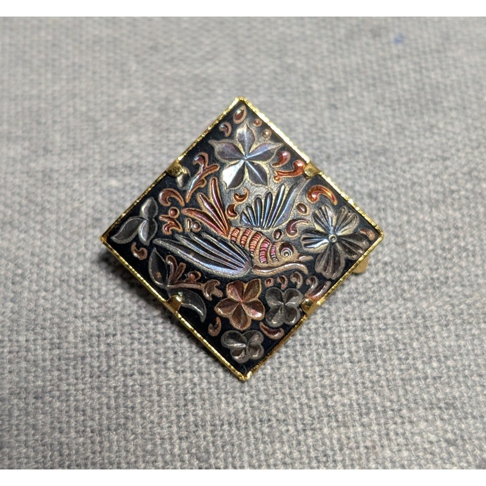 Vintage Spanish Damascene Square Bird‎ Floral Brooch Lapel Pin Flowers Pronged